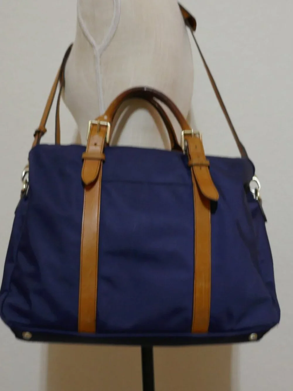 STUART O LAU The Cary Blue Nylon Briefcase Tan Leather Trim Laptop Bag